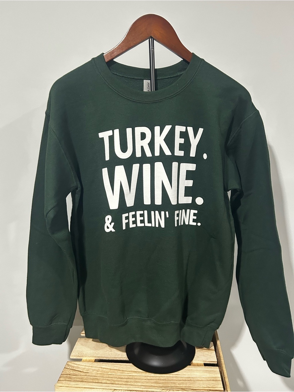 NEW Green Turkey. Wine. & Feelin’ Fine Graphic Thanksgiving Sweatshirt - Picture 1 of 1